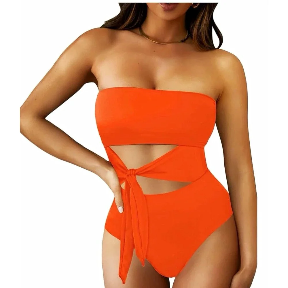 Women's Orange Solid Bandeau One Piece Swimsuit Cutout Tie Front Straps, L